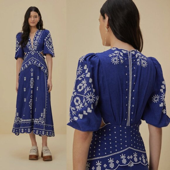 NWT Farm Rio Navy Blue Embroidered Cut-Out Midi Dress - Picture 1 of 6